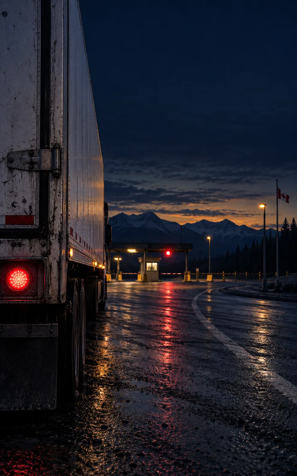 A truck waits at a border crossing on a wet night