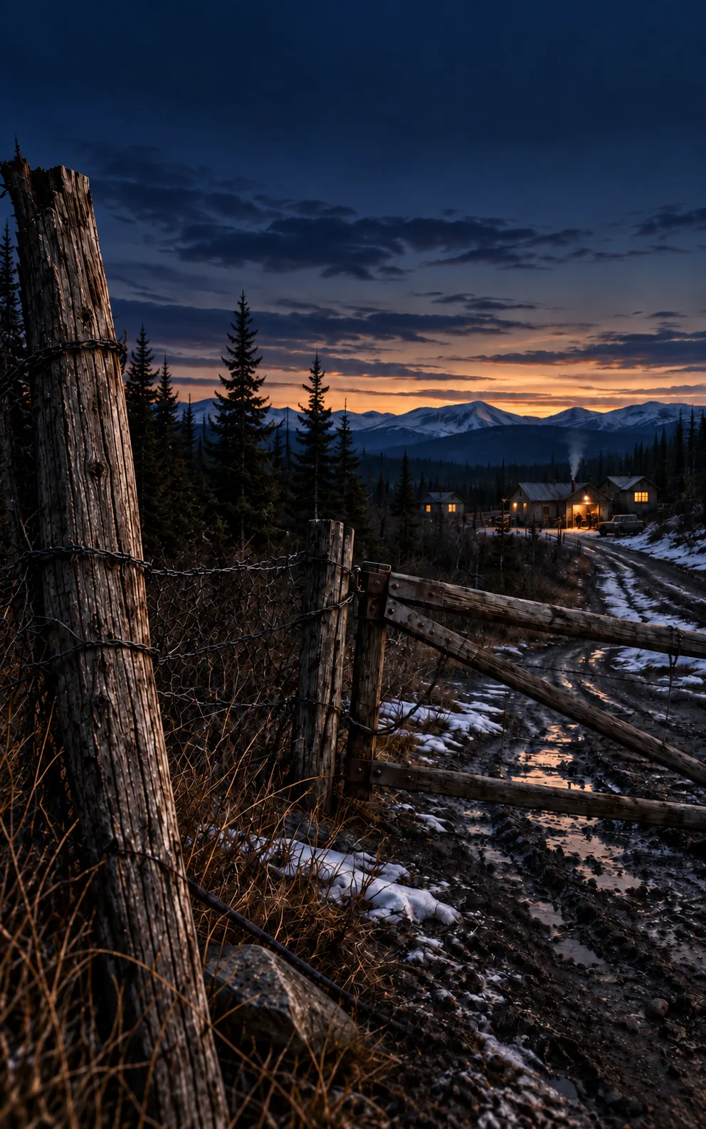 A weathered post and fence above a settlement in the blue evening light