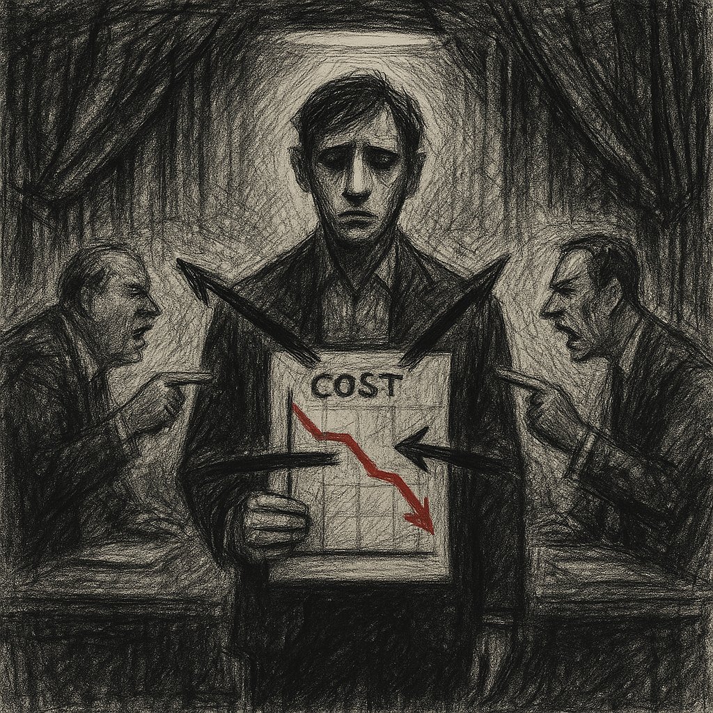 Graphite editorial illustration: a weary man holds a chart labeled COST with a declining red line while two executives shout and point at him