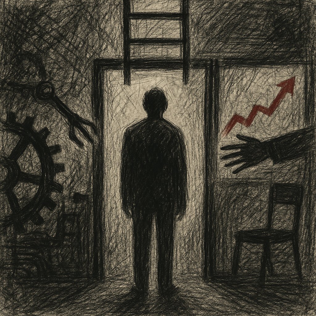 Editorial graphite illustration of a dark silhouette standing in a doorway between a large mechanical wheel on one side and a chair and red upward-trending arrow on the other